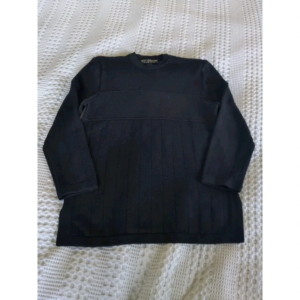 St John Basics Santana Knit Sweater Small Black Ribbed Pullover Side Slit 3/4‎